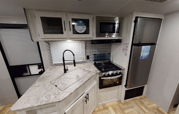 Premium RV rental interior kitchen